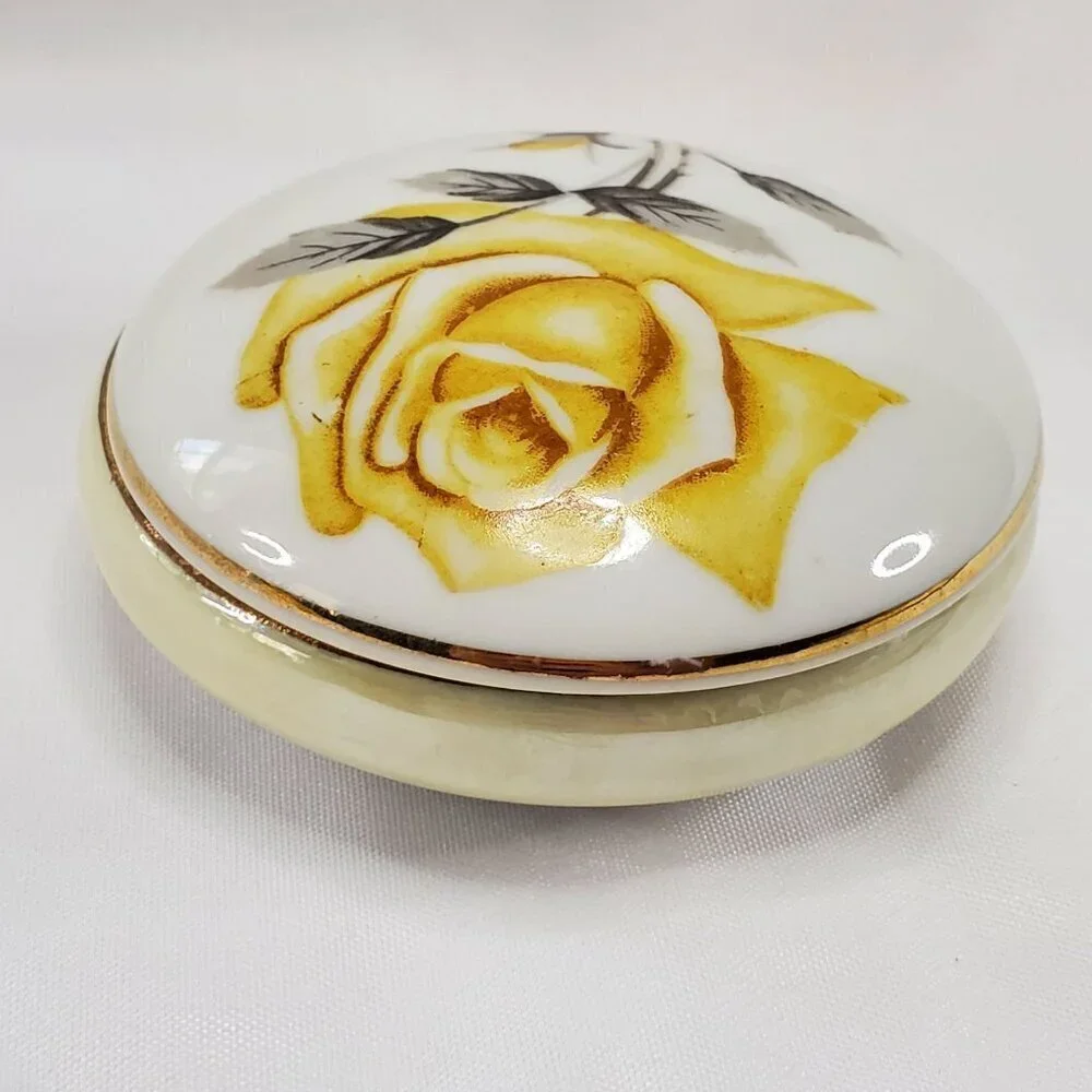 VTG Yellow Rose Trinket Holder Jewelry Box Porcelain Round Gold Trim Japan